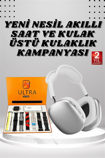 Kulak Üstü P9 Kablosuz Bluetooth Kulaklık ve 7 Kordonlu Akıllı Saat