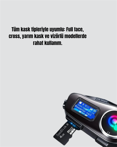 LCD Ekranlı Bluetooth Kask Kulaklığı FM Radyo ve SD Kart Girişli