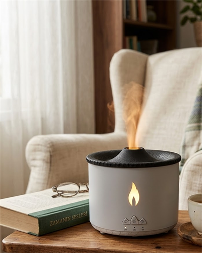 LED Alev Efektli Aroma Difüzörü Ultrasonik Hava Nemlendirici Gece Lambası Fonksiyonlu