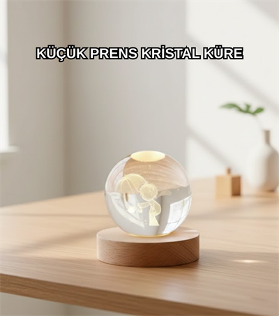 LED Aydınlatmalı 3D Küçük Prens Kristal Küre Ahşap Standlı Masa Gece Lambası