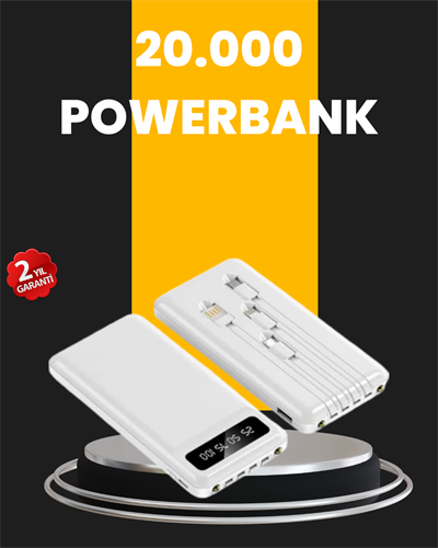 LED Işıklı 20.000mAh Powerbank LCD Gösterge Dahili Çoklu Kablo
