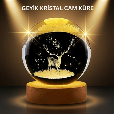LED Işıklı Geyikli Kristal Küre Ahşap Standlı Modern Dekor Lamba