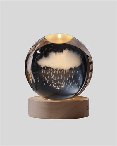 LED Sıcak Işıklı 3D Bulut Figürlü Kristal Küre Ahşap Standlı Gece Lambası