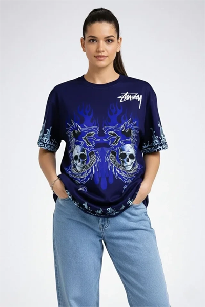 Lacivert Oversize Tişört Dragon - Kuru Kafa Baskılı Bisiklet Yaka T-Shirt - Lacivert