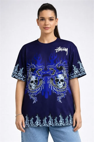 Lacivert Oversize Tişört Dragon - Kuru Kafa Baskılı Bisiklet Yaka T-Shirt - Lacivert