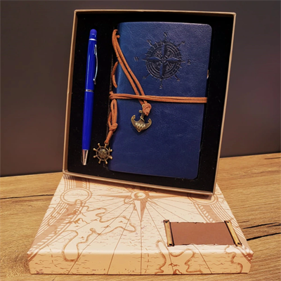 Lacivert Pusula Tasarım Deri Defter Ve Tükenmez Kalem Seti