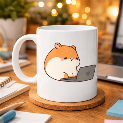 Laptoplu Hamster Desenli Porselen Kupa MODEL 112 – Sevimli Çalışkan Hamster Tasarımlı Kahve Kupası , Ofis & Ev İçin Tatlı Hediye
