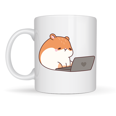 Laptoplu Hamster Desenli Porselen Kupa MODEL 112 – Sevimli Çalışkan Hamster Tasarımlı Kahve Kupası , Ofis & Ev İçin Tatlı Hediye