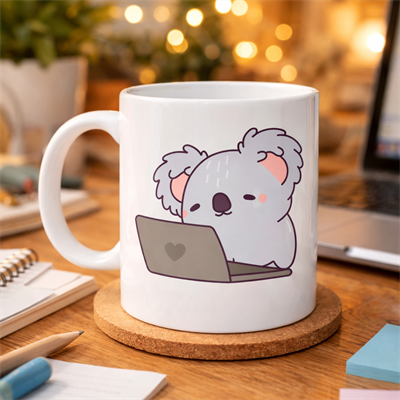 Laptoplu Koala Desenli Porselen Kupa MODEL 111 – Sevimli Ofis Kupası , Çalışanlara Özel Tatlı Hediye