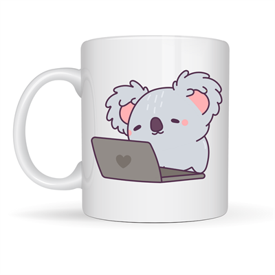 Laptoplu Koala Desenli Porselen Kupa MODEL 111 – Sevimli Ofis Kupası , Çalışanlara Özel Tatlı Hediye