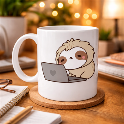 Laptoplu Tembel Hayvan Desenli Porselen Kupa MODEL 109 – Sevimli Sloth Tasarımlı Kahve Kupası , Ofis & Ev İçin Eğlenceli Hediye
