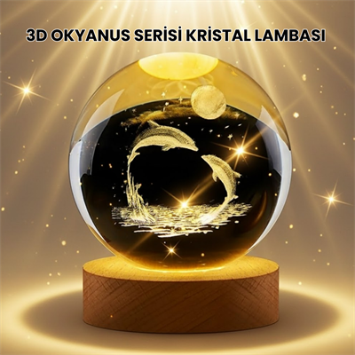 Lazer İşlemeli Yunus Kristal Küre Sıcak Işıklı Ahşap Standlı