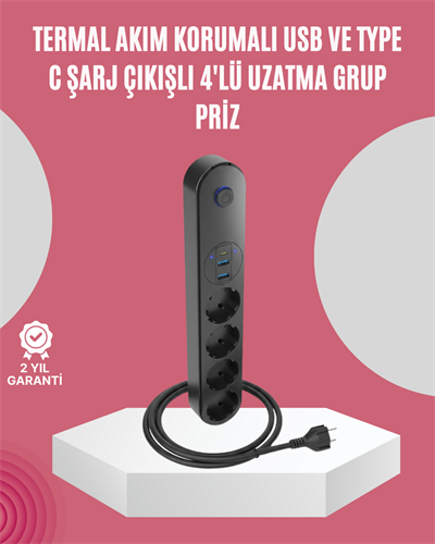 Led Anahtarlı Akım Korumalı Çoklu Priz 4 Priz 3 USB Girişli