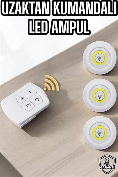 Led Lamba 3lü Uzaktan Kumandalı Yapışkanlı Beyaz Işık