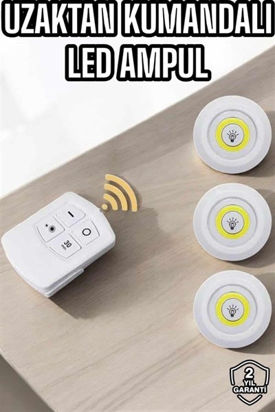Led Lamba 3lü Uzaktan Kumandalı Yapışkanlı Beyaz Işık