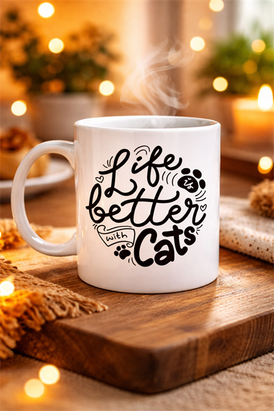 Life is Better With Cats – Kedi Severlere Özel Porselen Kupa MODEL 59 Sevimli Tasarım Hediyelik Kahve Kupası