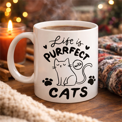 Life is Purrfect with Cats – Kedi Desenli Porselen Kupa MODEL 62 Sevimli Kedi Figürlü Kahve Kupası