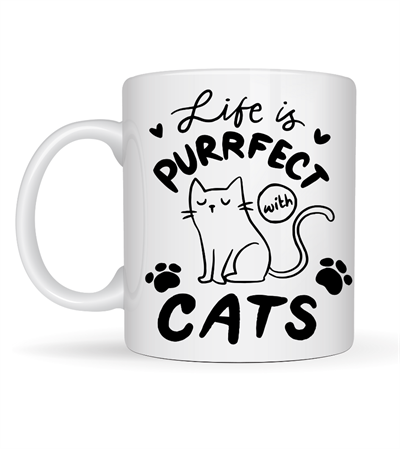 Life is Purrfect with Cats – Kedi Desenli Porselen Kupa MODEL 62 Sevimli Kedi Figürlü Kahve Kupası