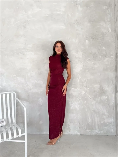 Likralı Simli Kumaş Yandan Yırtmaçlı Uzun Elbise Şık Kolsuz Abiye - Bordo