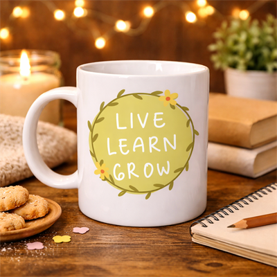 Live Learn Grow Motivasyon Kupası MODEL 133 – YAŞA , ÖĞREN , GELİŞ İlham Veren Tasarım, Porselen Kupa, Pozitif Mesajlı Kahve & Çay Kupası