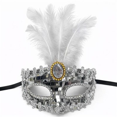 Lüks Gümüş Tüylü Taşlı Balo Maskesi