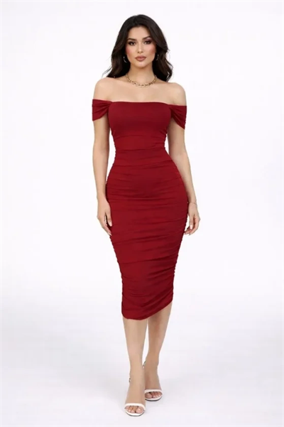 Madonna Yaka Drapeli Midi Elbise Likralı Vücuda Oturan Davet Elbisesi - Bordo