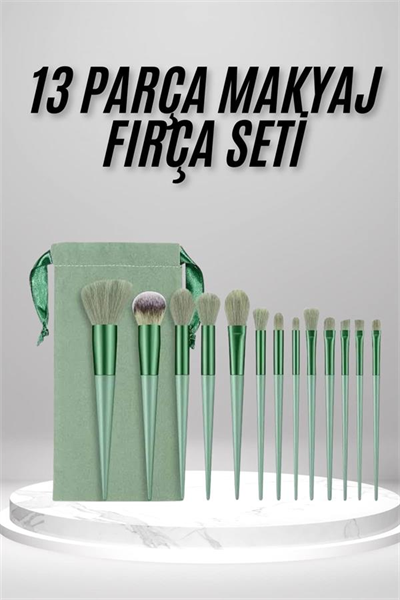 Makyaj Fırça Seti Yeşil 13 Parça Fondöten Fırçası Allık Fırçası Far Fırçası