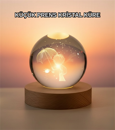 Masif Ahşap Standlı 3D Küçük Prens Kristal Top USB Gece Lambası Sıcak Işık