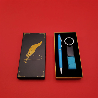 Mavi Metal Deri Anahtarlık ve Kalem Seti