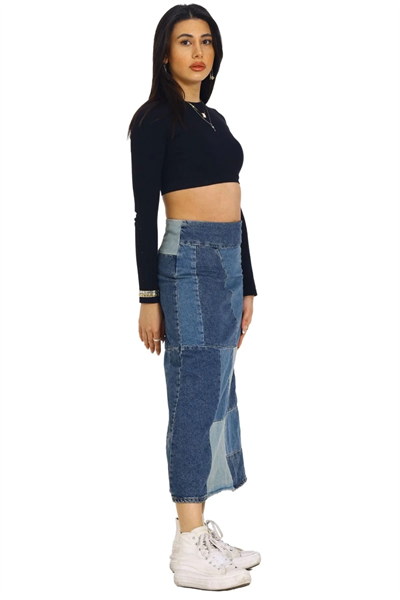 Mavi Patchwork Desenli Denim Kot Etek