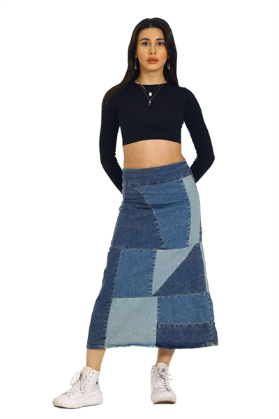 Mavi Patchwork Desenli Denim Kot Etek