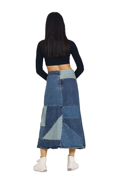 Mavi Patchwork Desenli Denim Kot Etek