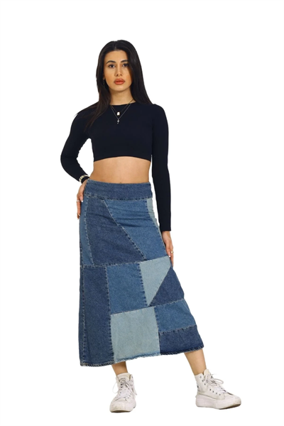 Mavi Patchwork Desenli Denim Kot Etek