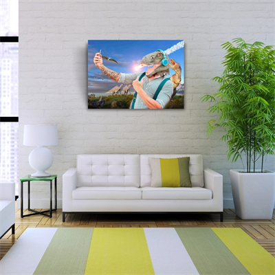 Mavi Tonlarda Dinazor Başlı Adam Resmi Kanvas Tablo 50 x 70