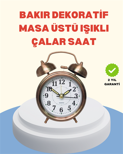 Metal Bronz Nostaljik Masa Saati Alarmlı Büyük Boy Sessiz Mekanizmalı