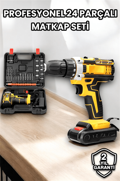 Metal Dişli 24W Akülü Matkap -Çift Bataryalı ve LED Çalışma Işığı ile Tam Set
