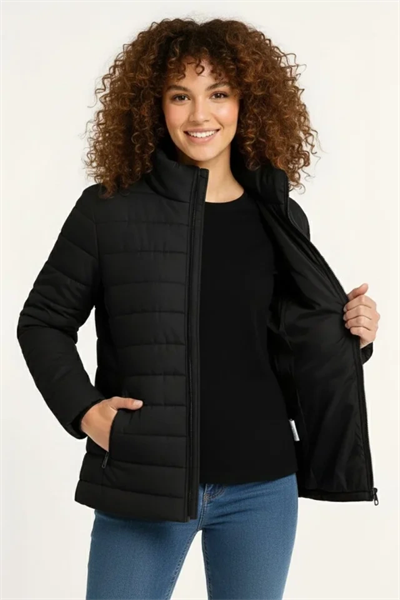 Mikro Su İtici Kapitone Baskılı Astarlı Fermuarlı Bomber Mont - Siyah