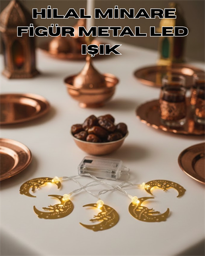 Minareli Hilal LED Işık Gold Metal Gövdeli Pilli Ramazan Dekoru