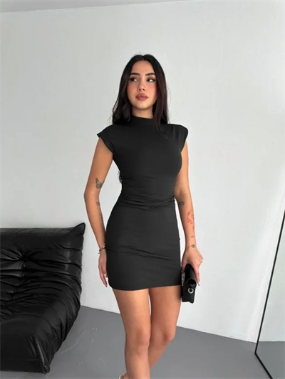 Mini Elbise Yarım Balıkçı Yaka Vücuda Oturan Şık Günlük Elbise - Siyah