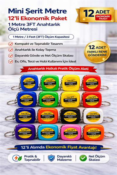 Mini Şerit Metre 1 Metre 3FT Anahtarlık Ölçü Metresi Taşınabilir Cep Metre 12 Adet