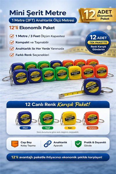 Mini Şerit Metre 1 Metre 3FT Anahtarlık Ölçü Metresi Taşınabilir Cep Metre 12 Adet