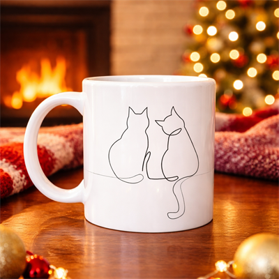 Minimal Çizim İki Kedi Desenli Porselen Kupa MODEL 77 – Sevgi Temalı Şık Tasarım, Kahve & Çay Kupası