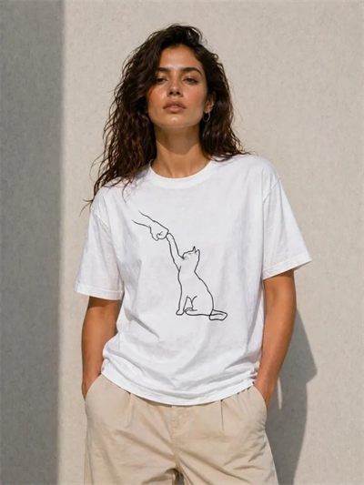 Minimal Kedi Çizim Baskılı Tişört Kısa Kol Yazlık T-Shirt - Beyaz