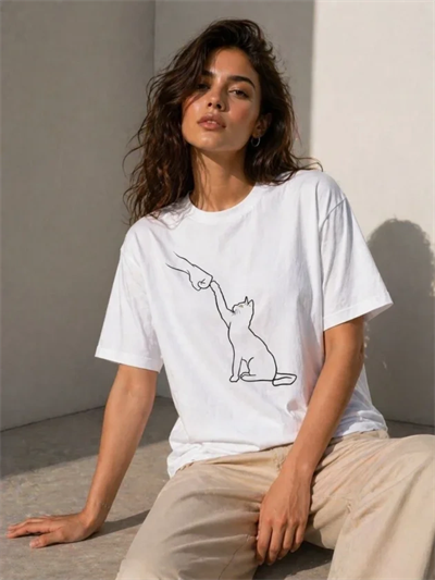 Minimal Kedi Çizim Baskılı Tişört Kısa Kol Yazlık T-Shirt - Beyaz