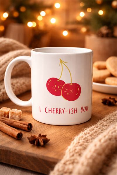 Model 26 – I Cherry-Ish You Yazılı Sevimli Kiraz Tasarımlı Porselen Kupa - Aşk Dolu Hediye Fikri
