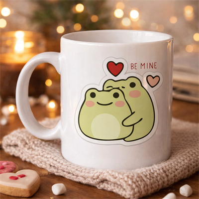 Model 41 Be Mine Tasarımlı Sevimli Kurbağa Desenli Porselen Kupa Aşk Temalı Özel Tasarım Kahve Kupası