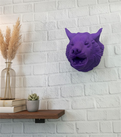 Mor Renk 3D Kurt Başı Duvar Dekoru Asılabilir Maskot Heykel 25x19 cm