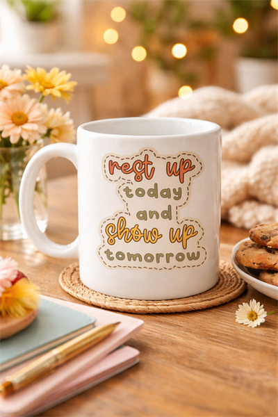 Motivasyon Mesajlı Porselen Kupa MODEL 146 – “Rest Up Today, Show Up Tomorrow” Yazılı – Kahve & Çay Kupası – Hediye Fikri