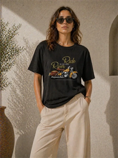Motosiklet Baskılı Tişört Bisiklet Yaka Kısa Kol Yazlık T-Shirt - Siyah