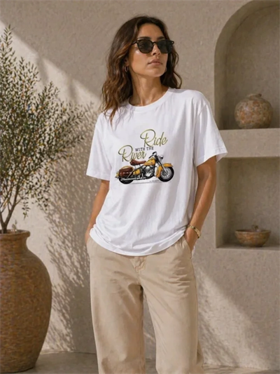 Motosiklet Baskılı Tişört Bisiklet Yaka Kısa Kol Yazlık T-Shirt - Beyaz